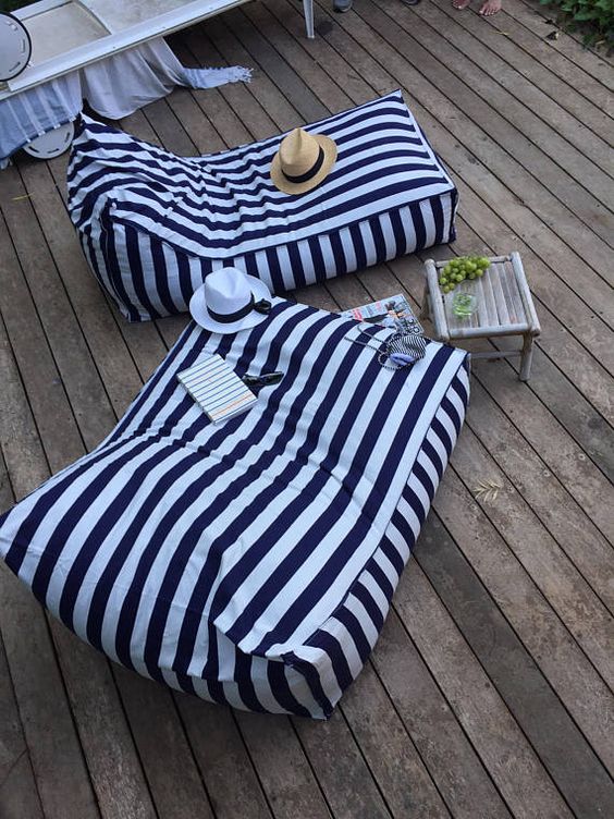 Striped bean bag chairs to use them as loungers   so cool for a beach or coastal terrace or balcony