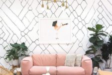 16 a mid-century modern living room with a dusty rose sofa for a soft colorful touch