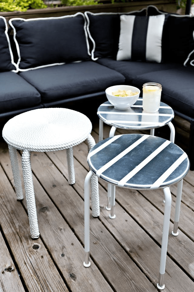 IKEA ROXO stools revamped with rope and metallic vent tape for a nautical feel in your backyard