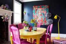 18 a dark space with several bright accents in magenta and bold yellow for a contrasting look