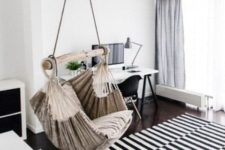 18 a hammock chair as a unique and outstanding touch for a monochromatic Scandinavian space