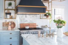 18 brass touches with a satin finish are amazing for a retro feel in the kitchen decor, and stainless steel is the secondary metal