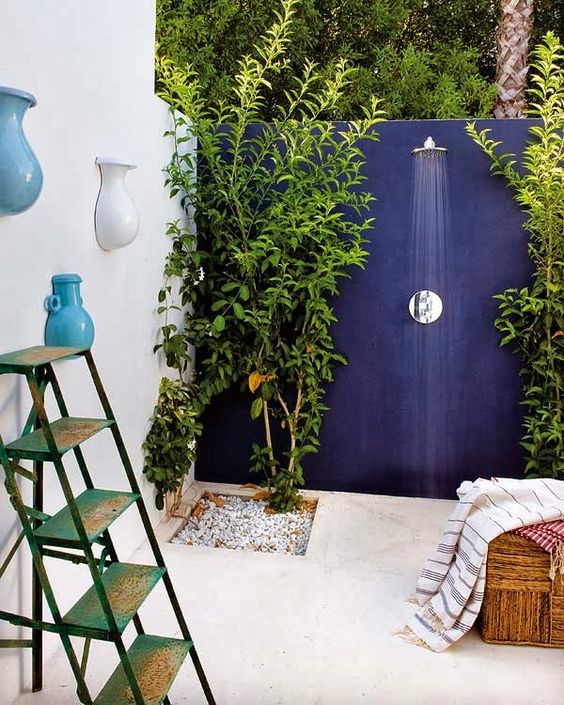 a gorgeous modern concrete shower with a navy wall and creamy floor plus living plants