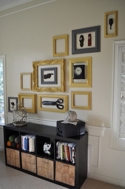 a creative mix of artworks, accessories and empty frames will add interest to any space