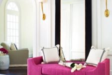 21 a very elegant entryway with a bright magenta bench, which adds cheer and color