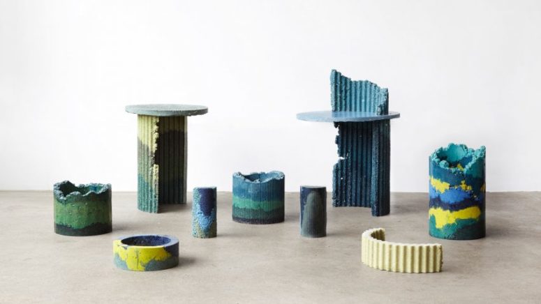 This industrial colorful furniture is made of polyurethane foam wastes, which is a great way to recycle