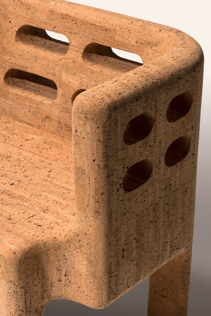 The amrchair is made of only cork, it shows off the texture and there are some holes as part of the design