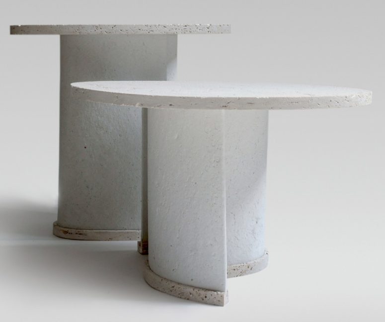 The tables are made of stone and chaud, which includes recycled paper