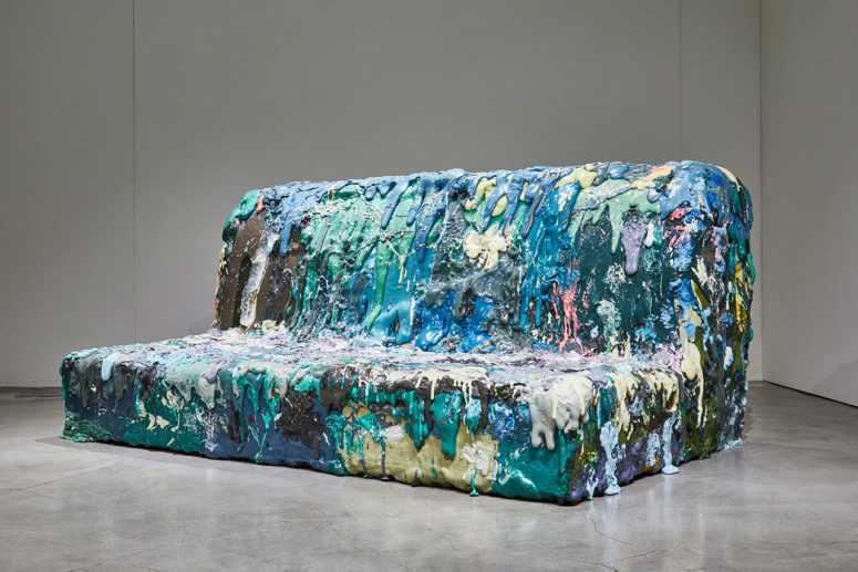 This is a colorful foam sofa for four people