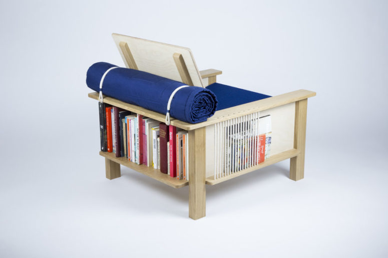Each side of the chair features storage compartments, open or covered ones