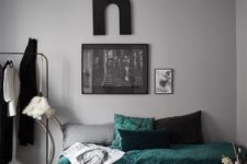 04 spruce up with grey bedroom with touches of dark green like here – a pillow and a bedspread