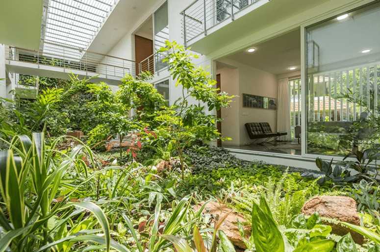 A lush internal courtyard looks like a real garden and helps to establish a connection to nature
