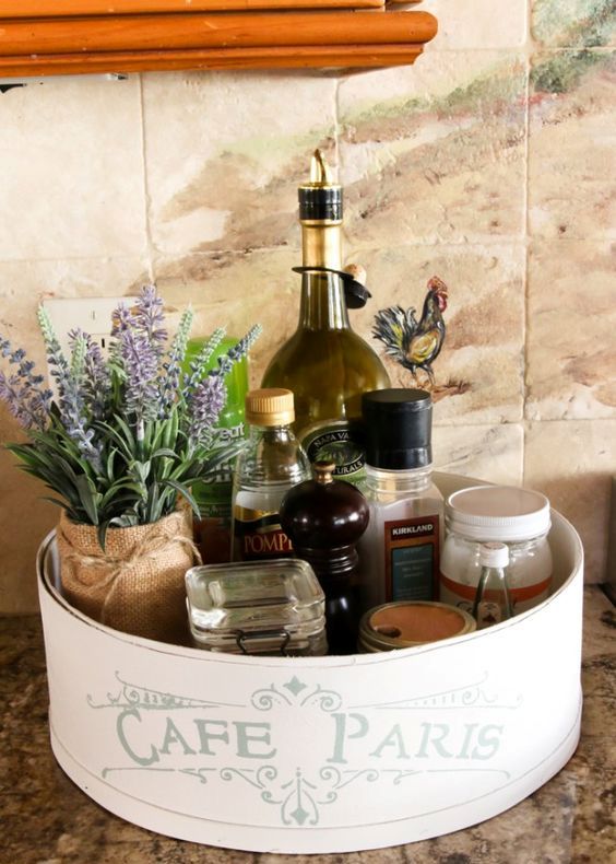 A cheese box is transformed into a French farmhouse styled kitchen caddy