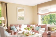 06 a cozy living room with tan as the main color, light pink as a secondary and pure white for refreshing