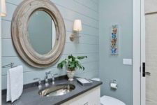 09 pale blue beadboard clad wall and matching painted walls for a rustic bathroom