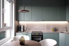10 soft grey tones as dominant ones and an olive green kitchen for a soft and chic space