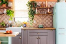 11 a colorful boho space with patterned tiles, a gypsy rug, potted greenery and bright furniture