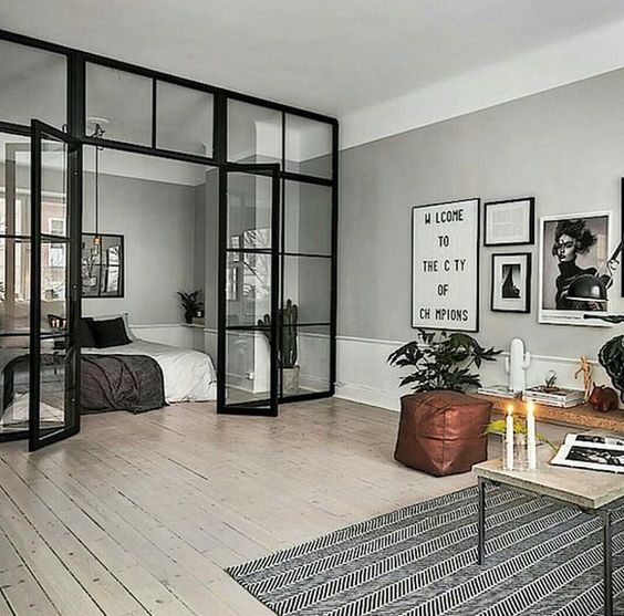 a living room and bedroom separated with a glass wall look as a stylish unity