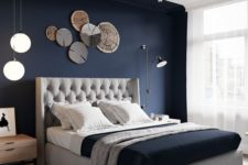 11 a navy accent wall is great for a contemporary bedroom, it highlights the sleeping zone