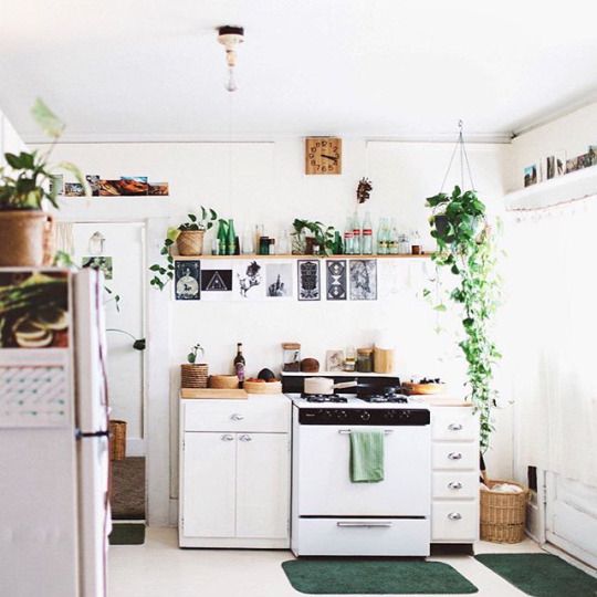 A small and light filled boho kitchen with potted greenery, wooden and wicker touches looks very welcoming
