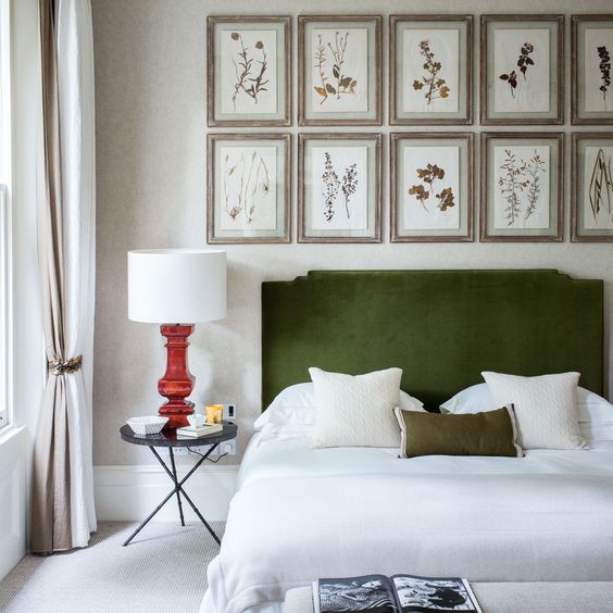 a grass green velvet upholstered bed is what you need for a nature-inspired bedroom