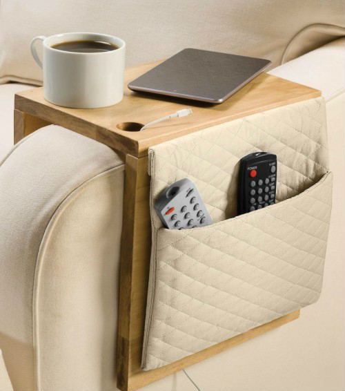 a plywood sofa caddy with a fabric pocket is suitable for storage and for drinks and gadgets