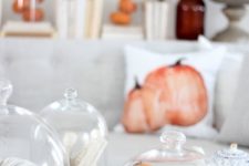 15 small faux pumpkins in a cloche is a simple and cool fall decoration for any space