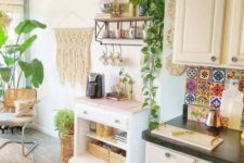 16 a boho chic kitchen spruced up with macrame, jute, wicker and a colorful tile backsplash