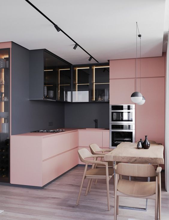 a gorgeous two-toned kitchen in black and pink is a great idea to rock the two-tone kitchen trend