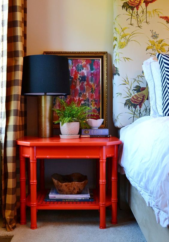 a large vintage red nightstand is a great idea to add color and a vintage feel to any space