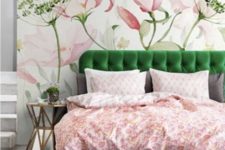 17 an emerald upholstered bed echoes the amazing floral mural on the headboard wall