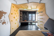 19 The second kid’s room is similar, also done in grey and bright yellow, with a chalkboard wall and a study space
