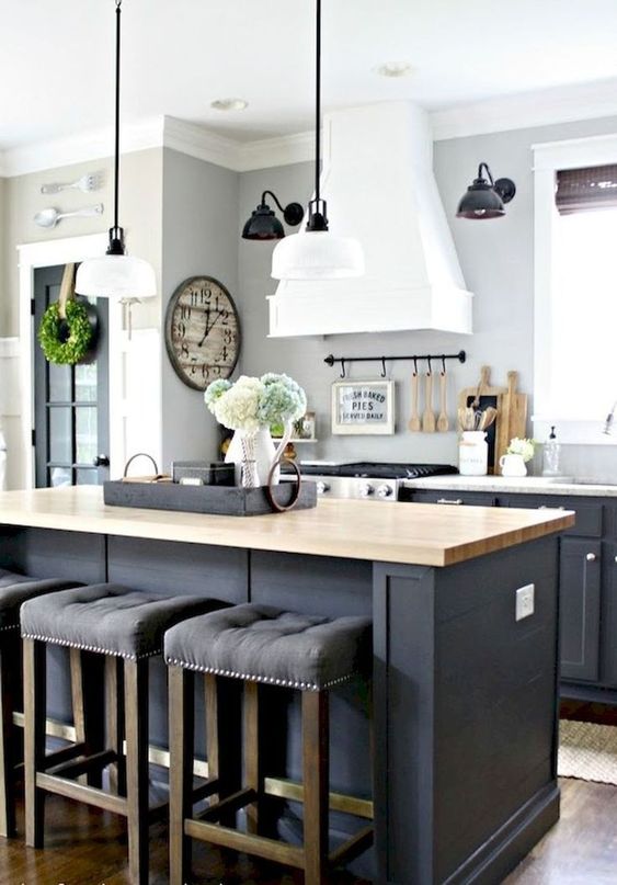 a row of cabinets and a kitchen island with a dining zone are a minimal must for a kitchen