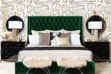 20 an emerald upholstered bed adds color to this monochromatic space