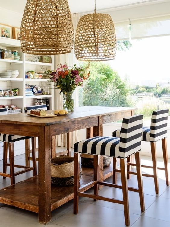 a taller table with tall stools can double as an office space if needed