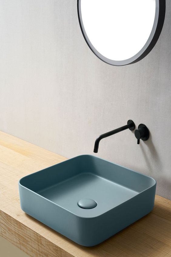 a matte square tiffany blue sink is a great contemporary idea to rock and it makes a subtle statement