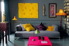 23 bright yellow, hot pink and deep purple accents in a grey room make it stand out