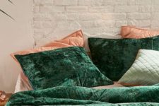 23 crushed emerald velvet bedding combined with corals looks super chic and fall-like