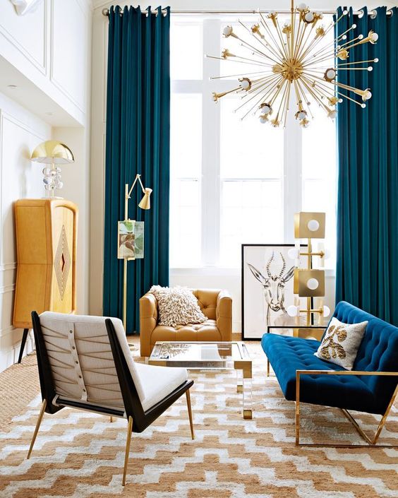 Yellow, teal and navy accent for a bold and stylish mid century modern space