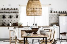 25 mosaic tiles, a boho rug, a wicker lampshade and chairs for a boho desert retreat