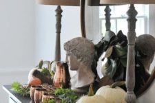 26 easy fall styling with white pumpkins, fresh greenery, copper mugs and a jug