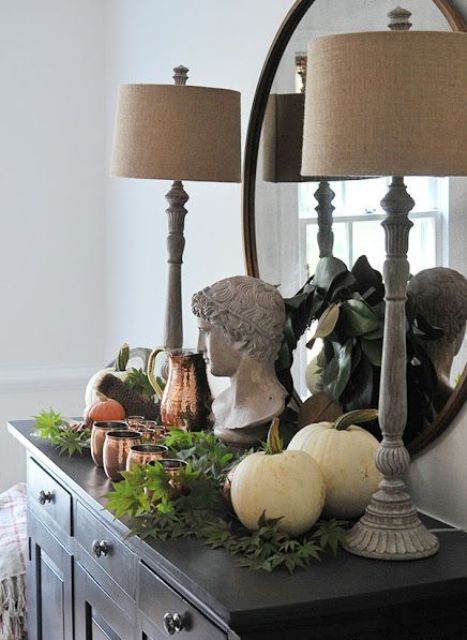 easy fall styling with white pumpkins, fresh greenery, copper mugs and a jug