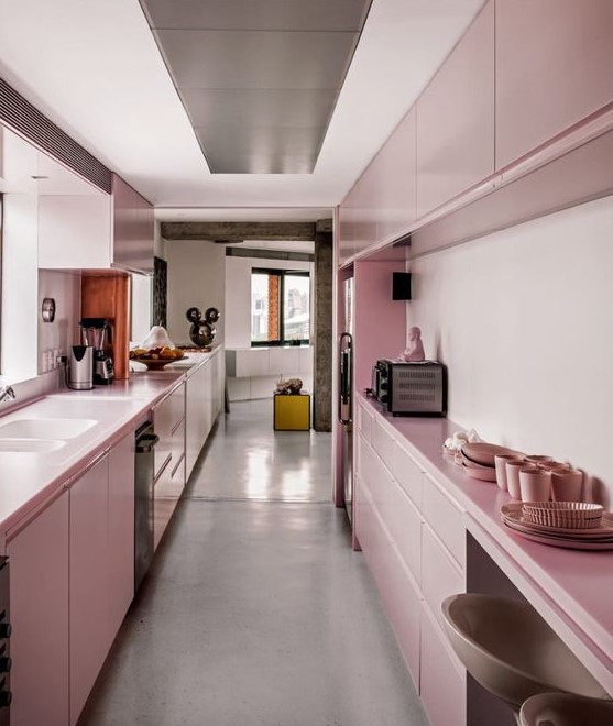 a pretty rose galley kitchen with sleek cabinets and everything built-in looks very cute and very chic