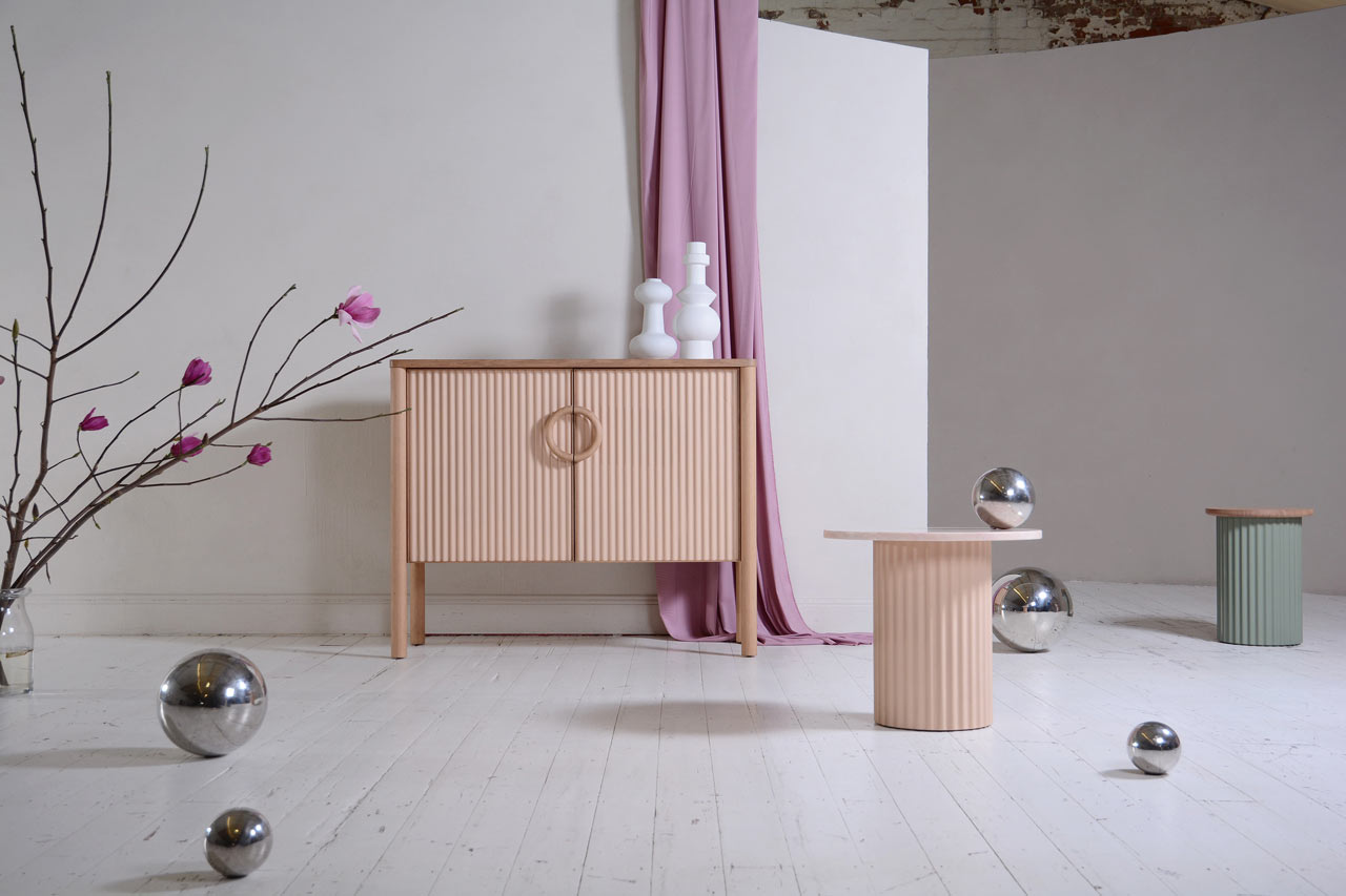 Ridge furniture collection is made of corrugated iron and is softened with pastel shades