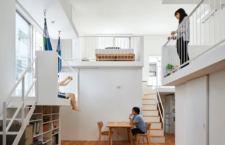 This ultra minimalist home in Japan features interesting splitting into levels and sublevels with inner balconies