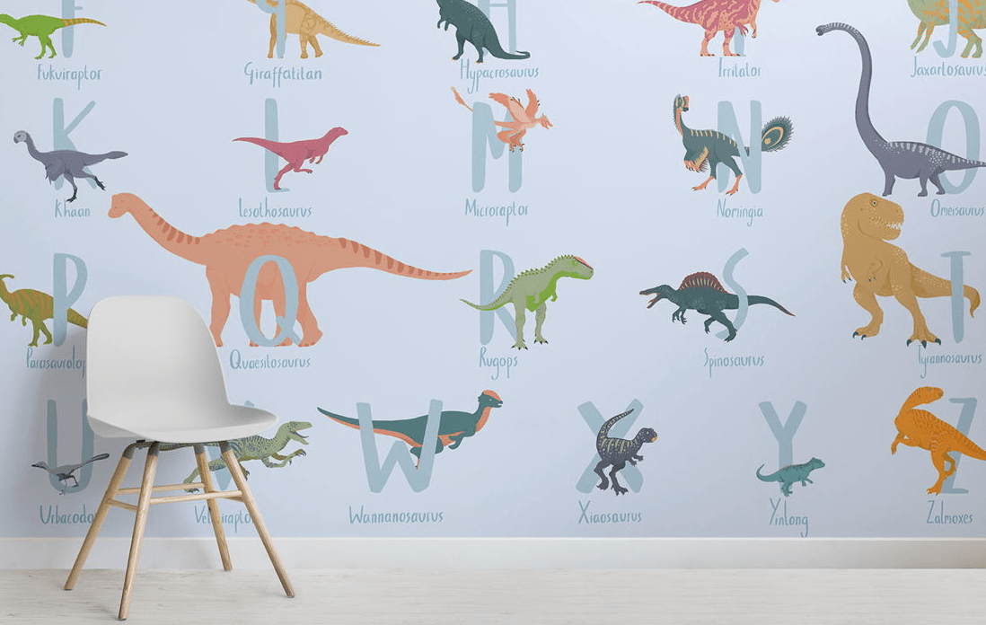This wallpaper with dinosaurs is a great idea to add fun, color and help your kids learn letters