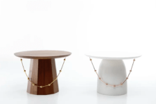 02 The shape of the tables is also inspired by traditional Korean tables and the pieces are decorated with beads to remind of the hats