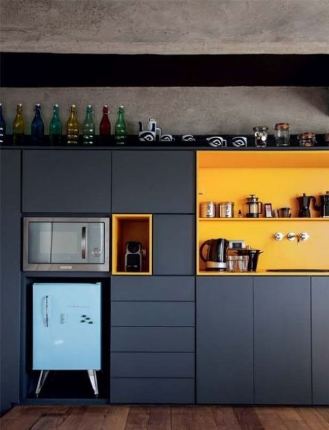 a navy kitchen with yellow compartments is color block piece itself and is a bold statement