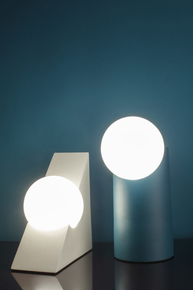 There are black, white, pink and teal and the bold shapes and lines make them lamps stand out
