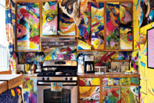 04 The kitchen looks like a crazy space, all painted bold colors in crazy combos with a waterolor effect